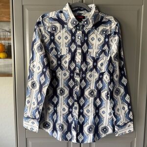Rock & Roll Denim Womens Western Aztec Print‎ LS Snap Shirt, Blue White,L